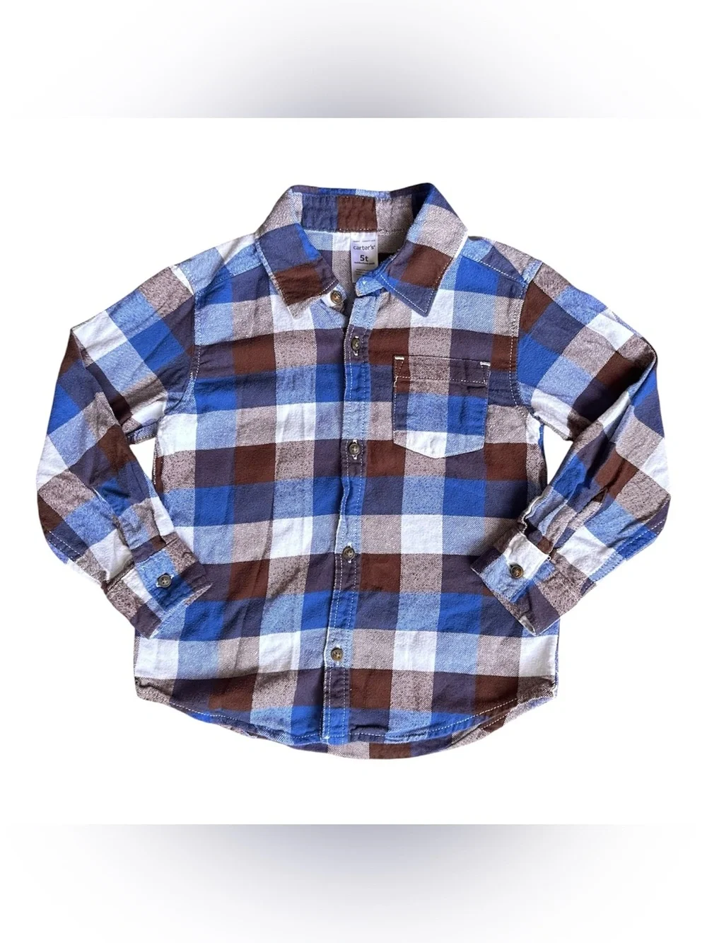 Carter's 5T Boys blue brown plaid button down flannel long sleeve shirt